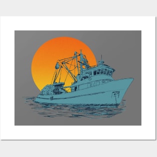 hand drawing fishing boat retro sunset Posters and Art